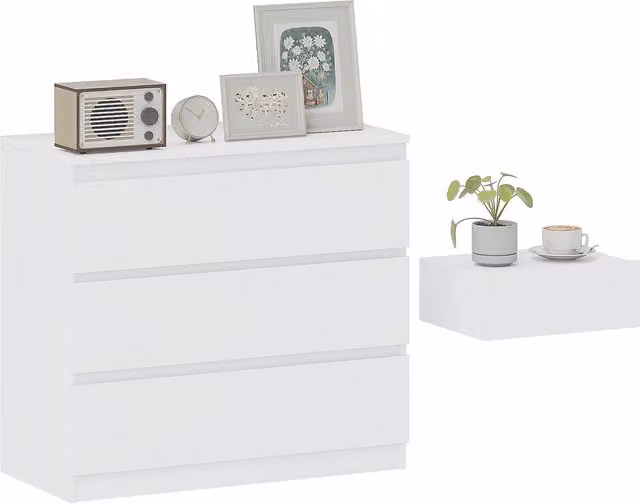 HOMCOM White Wall-Mounted Floating Chest of Drawers with 3 Drawers