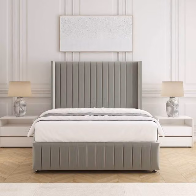 BSSPOKE Luna Super King Plush Velvet Divan Bed with 54 inch Headboard and Mattress in Silver
