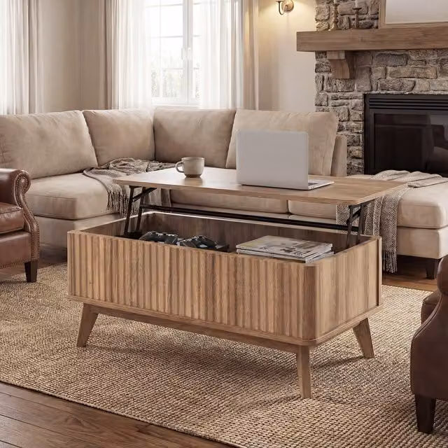 Costway Mid-Century Modern Fluted Lift Top Coffee Table in Brown