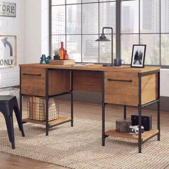 Teknik Industrial Checked Oak Dual Pedestal Computer Desk in Brown