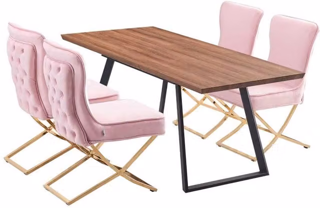 Life Interiors Toga LUX Dining Set with Rectangular Table and 4 Pink Velvet Upholstered Chairs with Gold Accents