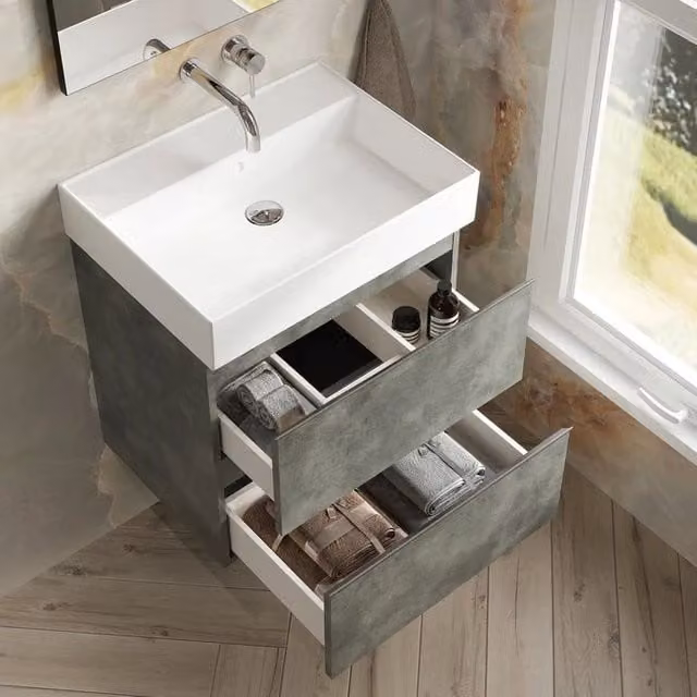 Banyetti Vatilla 800mm Wall Hung Vanity Unit with Veneto 0 Tap Hole Basin, Cemento Grey, W: 80.0 cm, D: 45.0 cm, H: 59.0 cm