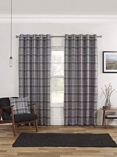 Sundour Checked Blackout Eyelet Curtains in Grey, W: 168 cm, H: 137 cm – 1