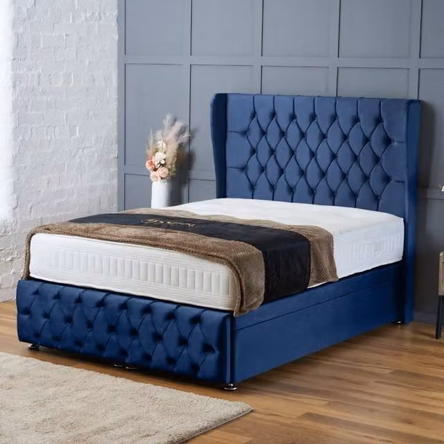BSSPOKE Bella Ottoman Divan Bed with 54 inch Headboard in Blue Plush Velvet, Super King, W/D/H: 200 x 137.16 x 137.16 cm
