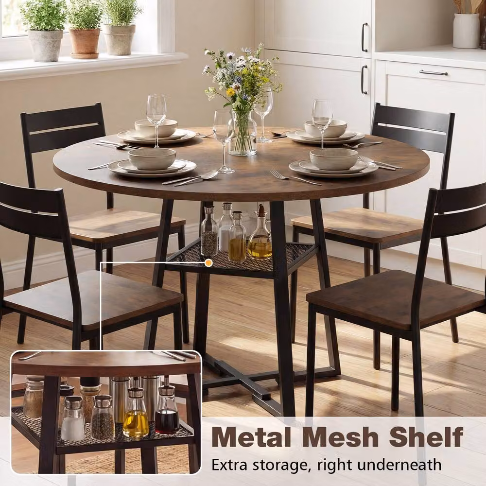 Gymax Industrial Round Dining Table in Brown with Rubberwood Top and Metal Legs, Diameter: 120 cm – 4