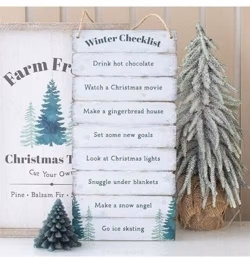 KDMD Winter Wonderland Checklist Hanging Sign in White Wood