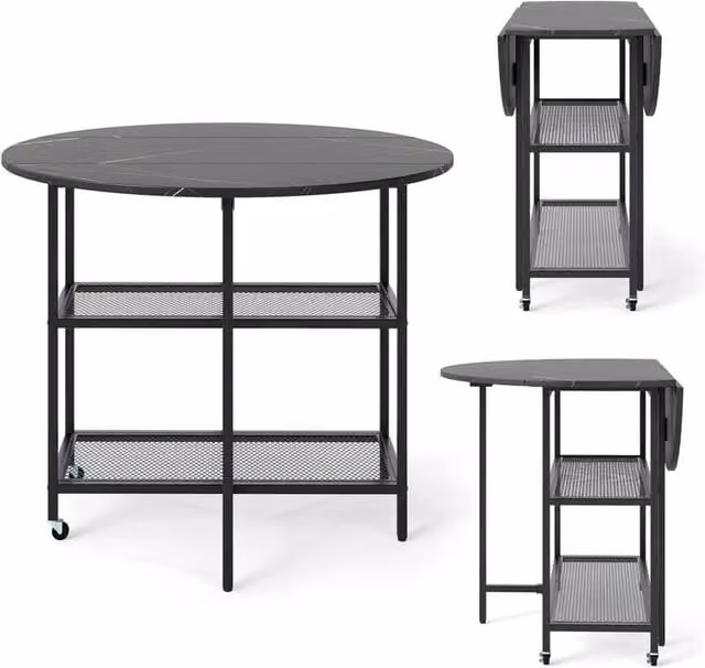 NESTLUNE Modern Round Black Kitchen Dining Table with Drop Leaf and Castors, W/D/H: 100 x 80 x 75 cm – 1