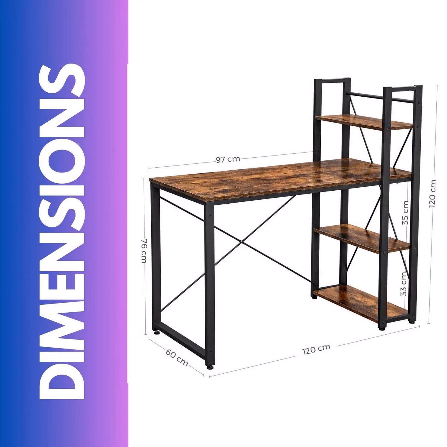 FURNOS Computer Desk with 3 Shelves in Rustic Brown – 3