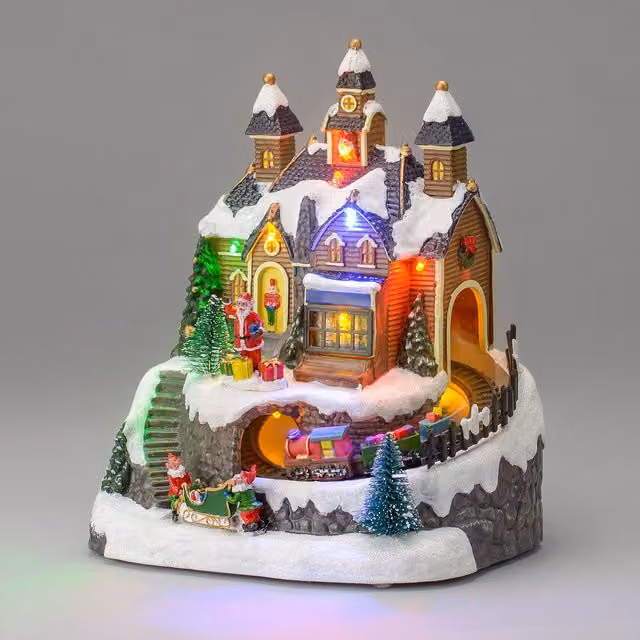 Christow Christmas Village Santa Workshop Tabletop Decoration with Multicolour LED Lights