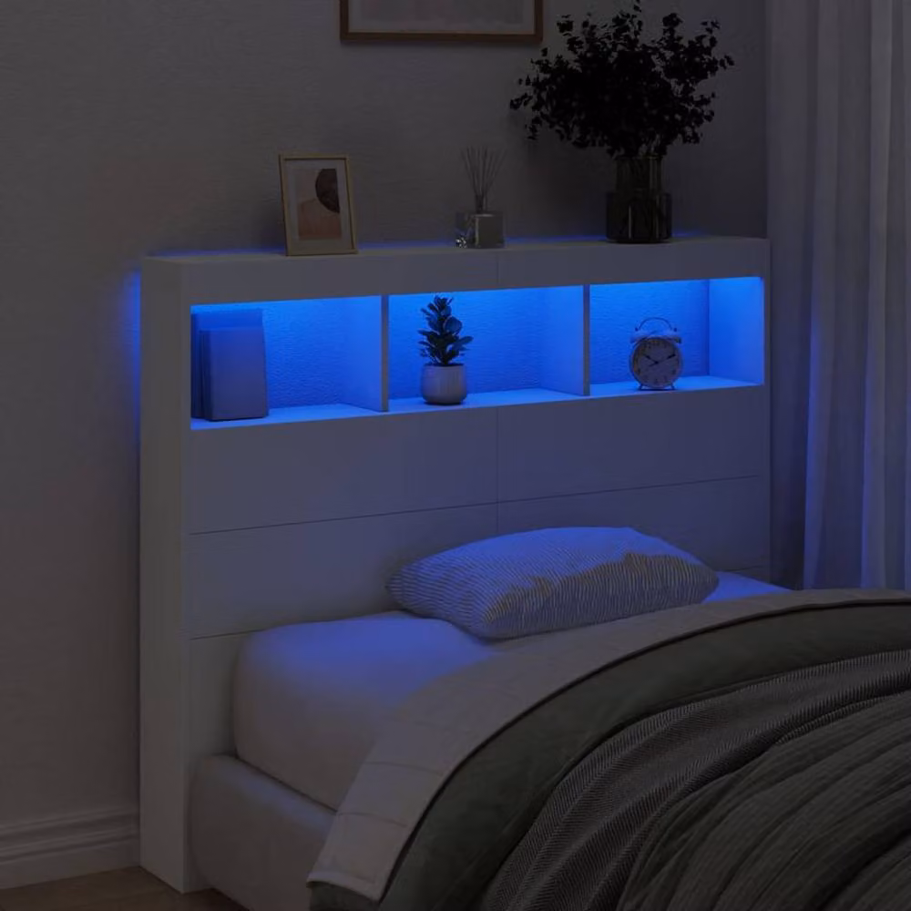Berkfield Home Modern White Wall Mount Headboard Cabinet with Integrated LED Lighting, Shelf and USB Charging Port, W/D/H: 120 x 17 x 102 cm – 3