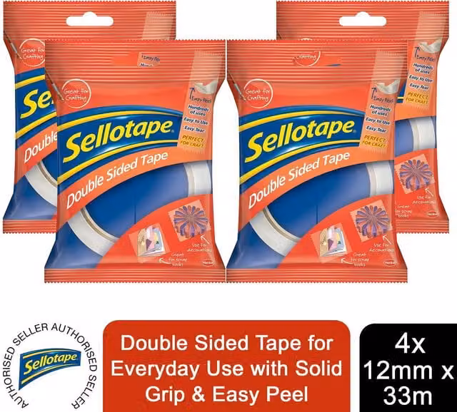 Sellotape Double Sided Easy Peel Tape, White, 4 Pack (Width: 1.2 cm, Length: 33 m)