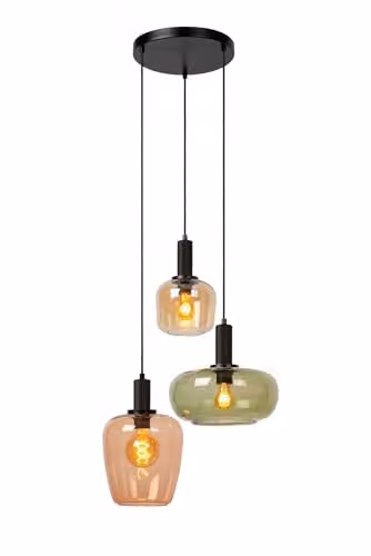 Lucide Ilona Black Glass Pendant Light, Height Adjustable, 3 x E27, H 174 cm x W 51 cm x D 51 cm