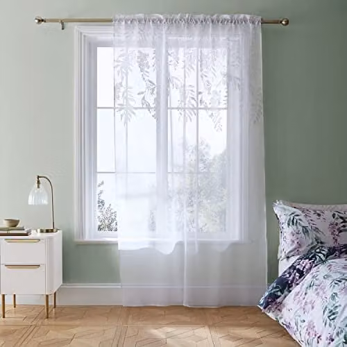 Catherine Lansfield Living Wisteria Floral White Polyester Slot Top Curtain Panel W: 140 cm, H: 229 cm