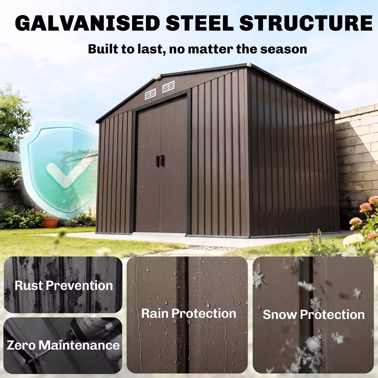 Outsunny Metal Garden Shed with Lockable Double Doors and Ventilation Slots, Brown – 4