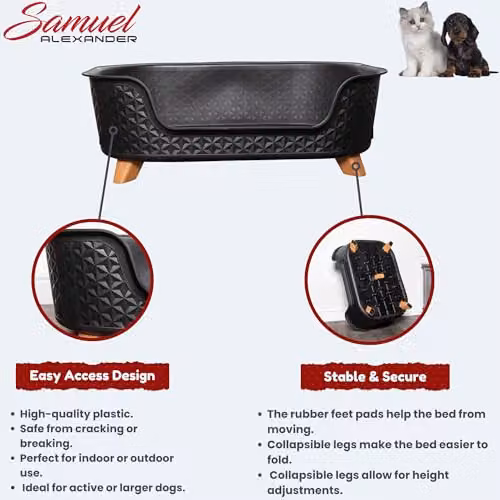 Samuel ALEXANDER Black Plastic Raised Pet Basket with Legs, W: 77 cm, D: 58 cm, H: 25 cm – 4