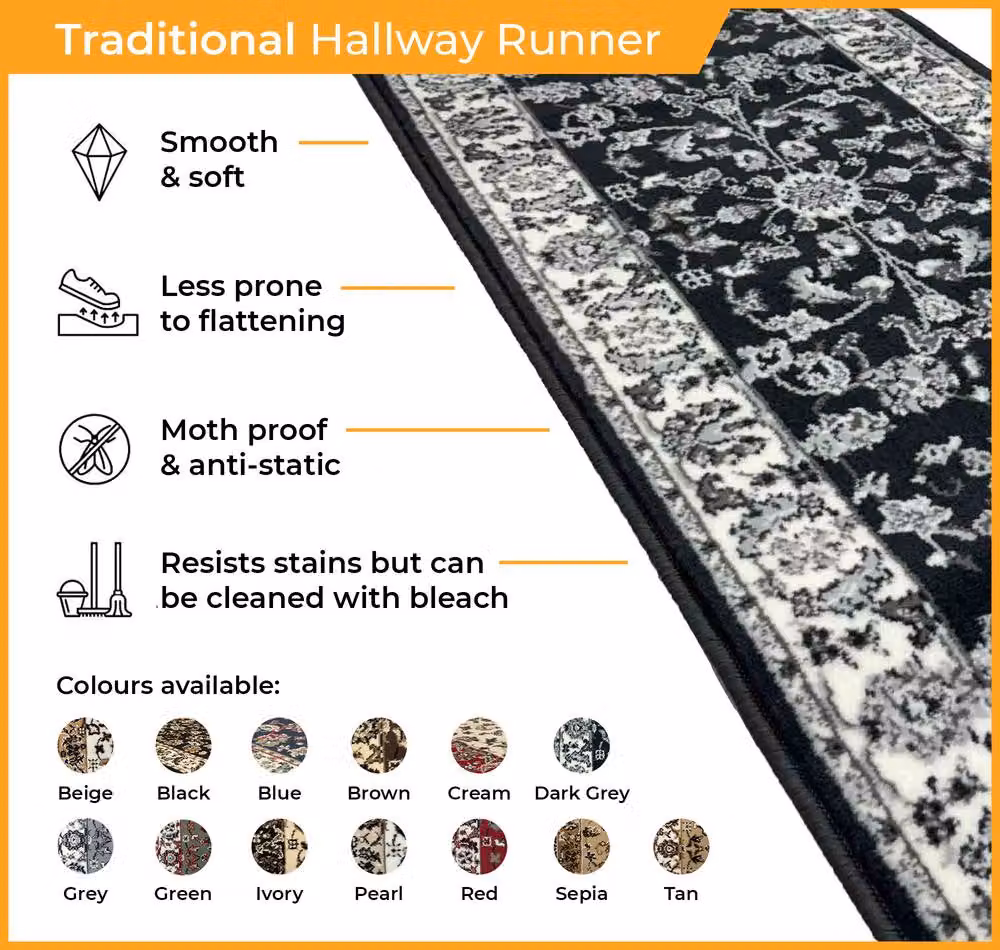 runrug Traditional Blue Hallway Carpet Runner Rug, W: 80 cm, L: 180 cm – 2
