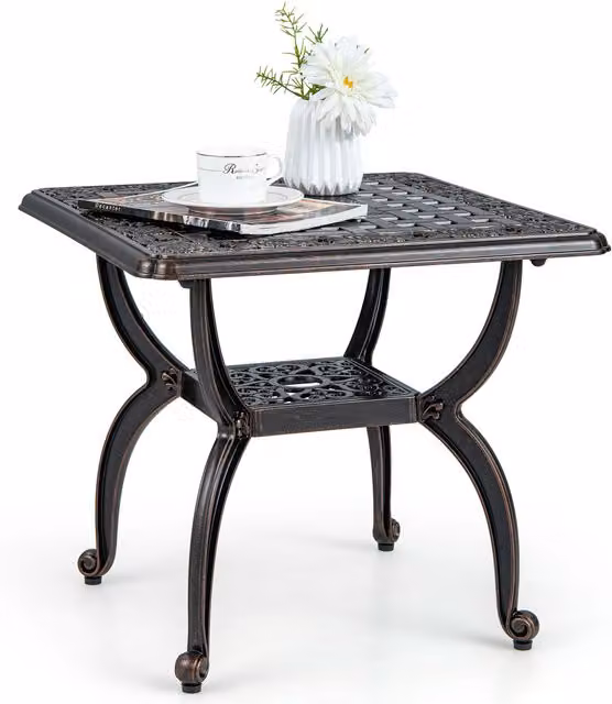 COSTWAY Vintage Floral Metal Patio Coffee Table in Matt Black