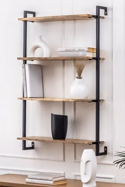 MH London 4-Tier Wall Mounted Floating Shelves in Natural Mango Wood and Metal