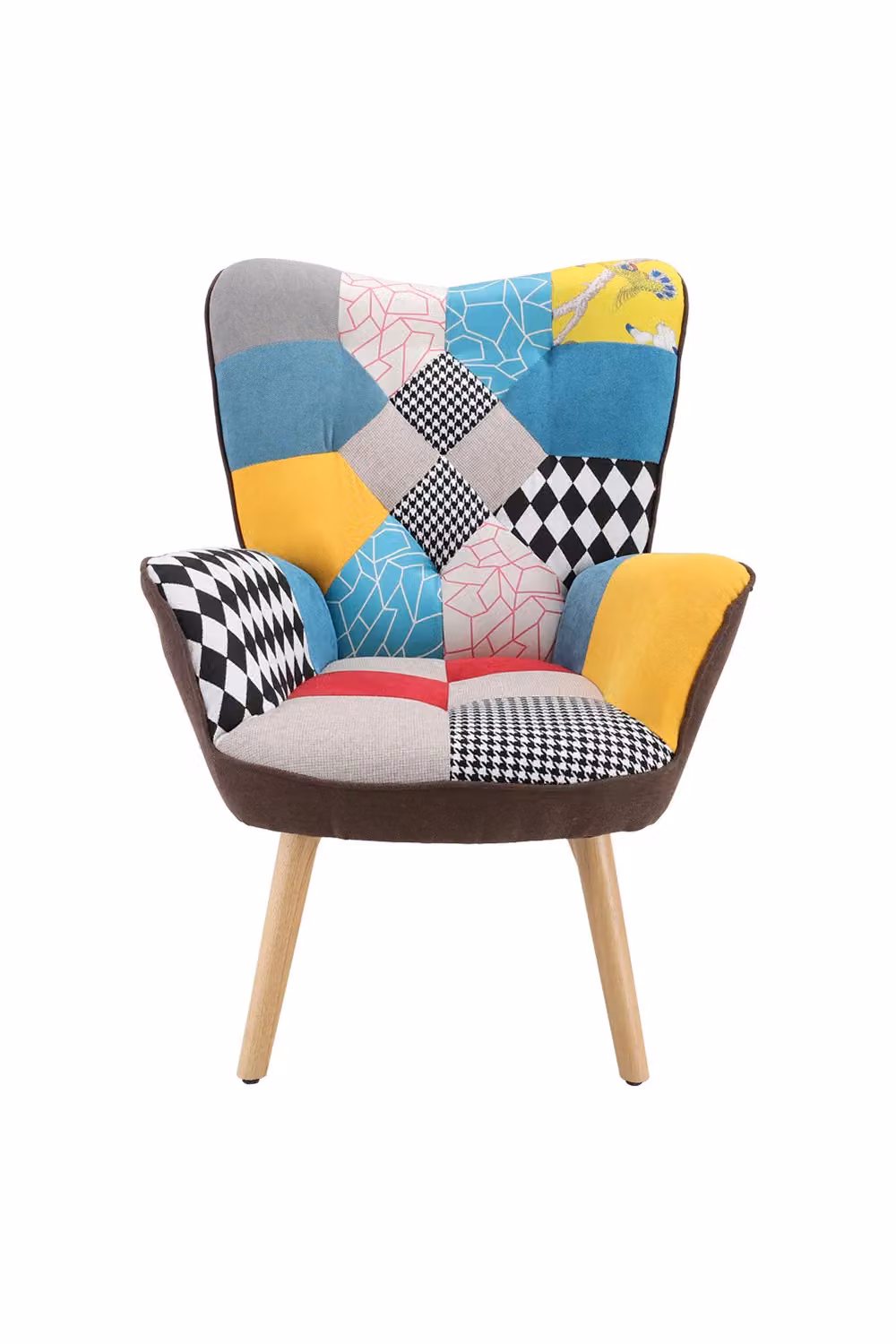 Living and Home Multicolour Patchwork Tufted Linen Tub Accent Chair with Armrests and Wooden Legs – 3