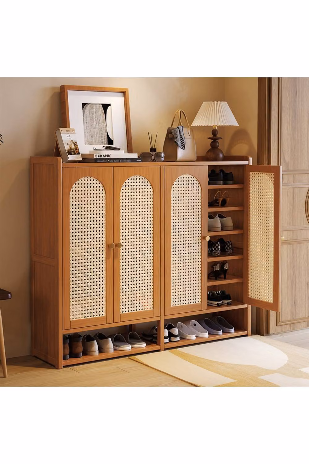 H&O Direct Rustic Brown Shoe Storage Cabinet with Hinged Rattan Doors and Internal Shelves – 2