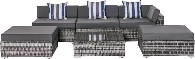 Outsunny 6 Piece Grey Rattan Garden Furniture Set with L-Shape Sofa, Ottoman, Coffee Table and Upholstered Cushions – 9