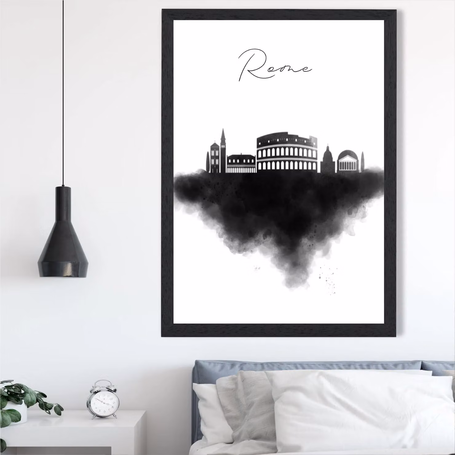 ARTZE Rome Watercolour Skyline City Framed Print, Black Frame, W: 21.0 cm, H: 29.7 cm – 2