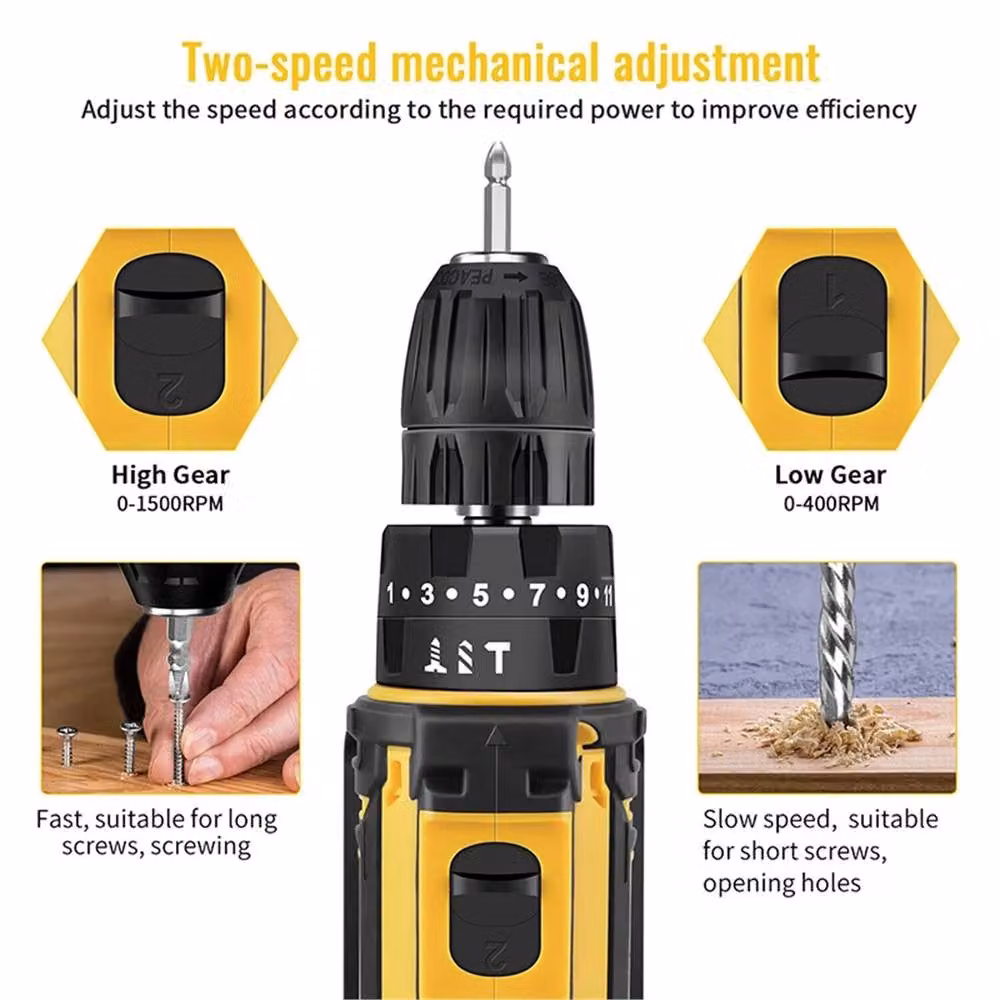 Nordara 21V Cordless Combi Drill and Electric Screwdriver Set with 2 Rechargeable Batteries in Yellow – 6