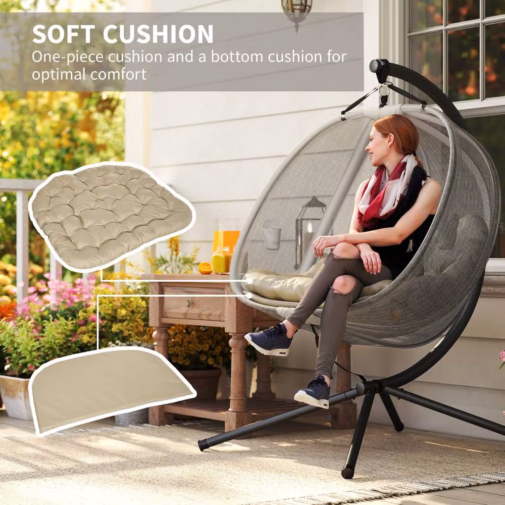 OUTSUNNY Double Hanging Egg Chair 2 Seater Swing Hammock with Cushions in Brown – 4