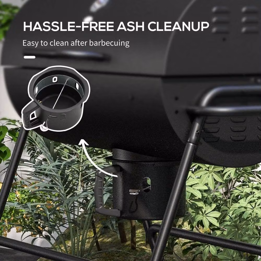 FLAVORA Barrel Charcoal Barbecue BBQ Grill Trolley with Warming Rack and Thermometer, Black, H x W x D: 102 x 71.5 x 95 cm – 4