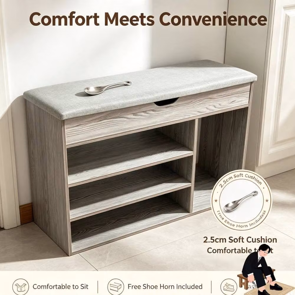 KORVIXA Grey Fabric Shoe Bench with Cushion Seat and Hallway Storage Rack Organiser – 3