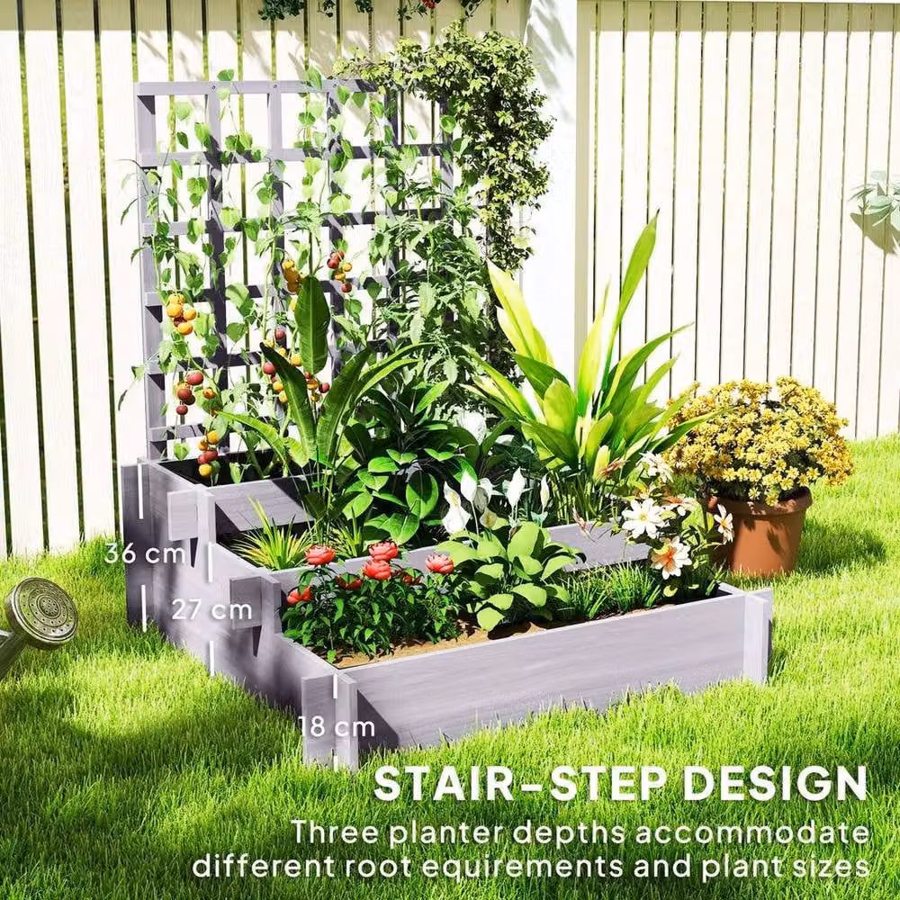 KORVIXA 3 Tier Wooden Raised Bed Garden Planter with Trellis in Grey, W/D/H: 110.0 x 95.0 x 3.0 cm – 3
