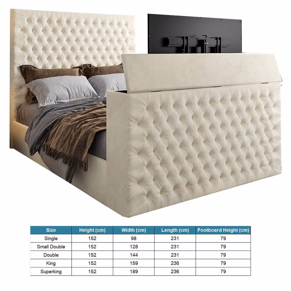 KDMD Capella Super King Upholstered Soft Velvet TV Bed Frame in Cream with Under-bed Lighting – 3