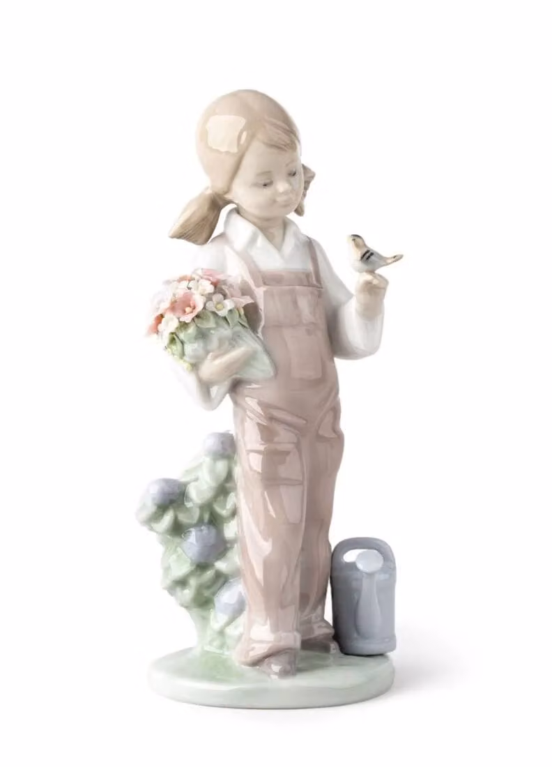 Lladró Spring Girl Pink Porcelain and Metal Floral Figurine