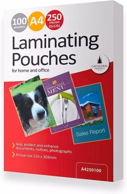 A4 Gloss Laminating Pouches, 100 Pack, 250 Micron, Transparent/White, Width: 30.3 cm