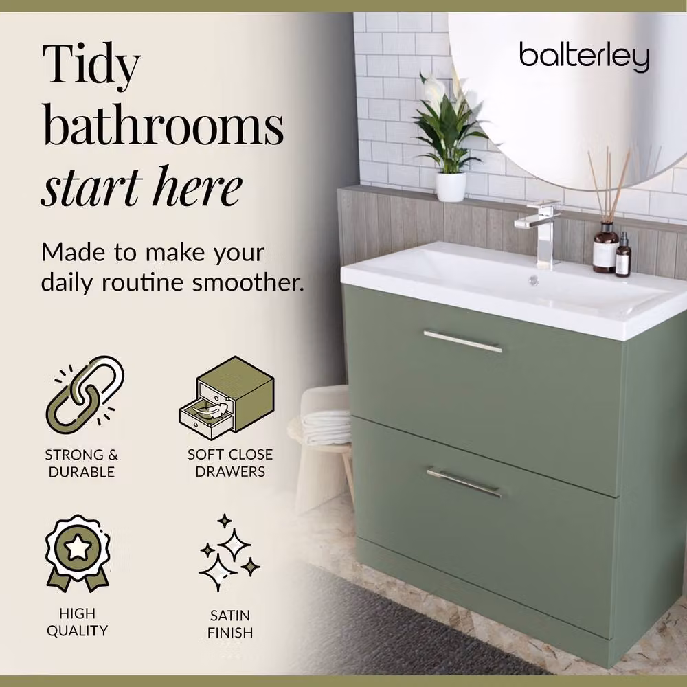 Balterley Modern Bathroom Floor Standing Vanity Unit with 2 Soft-Close Drawers and Mid-Edge Basin, Satin Green, W: 80 cm, D: 39 cm, H: 84 cm – 3