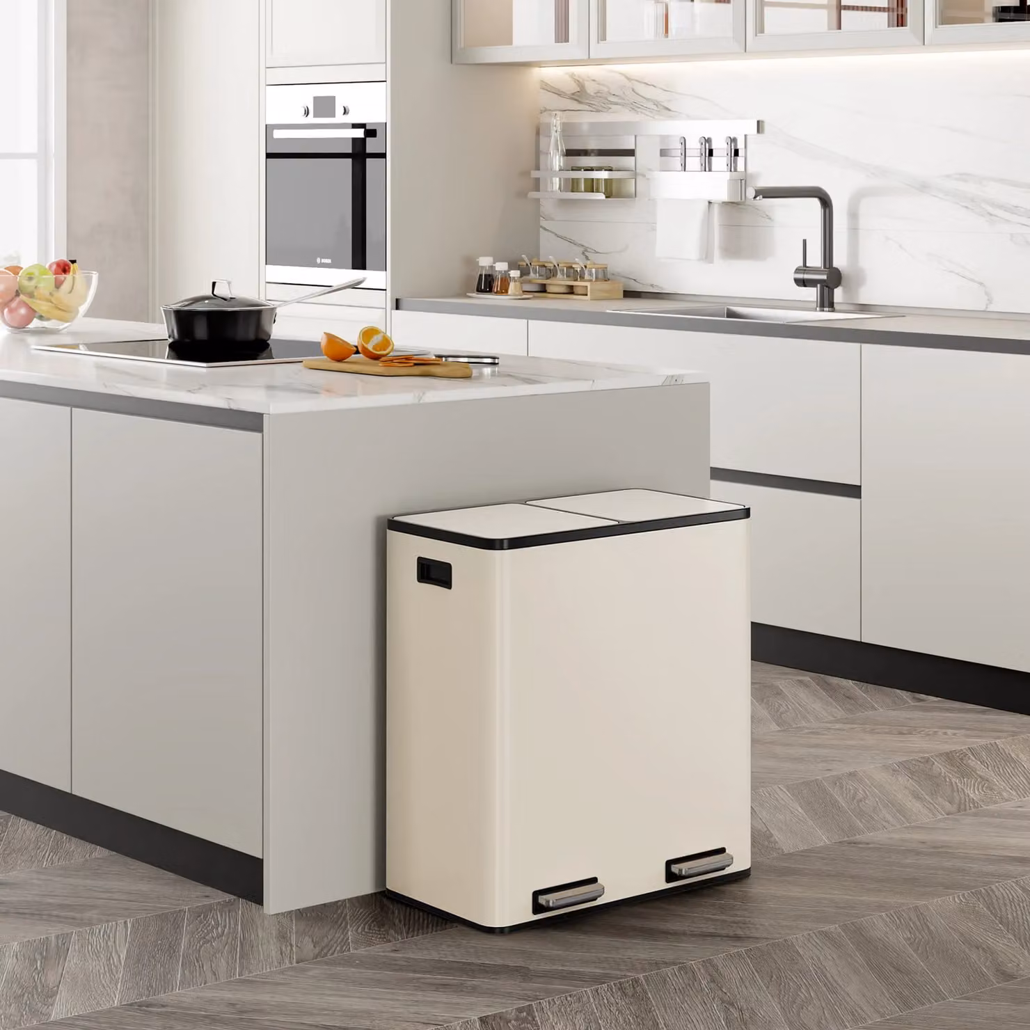 VonHaus 60L 2 Compartment Kitchen Waste and Recycling Bin with Pedal and Soft Close in Beige – 2