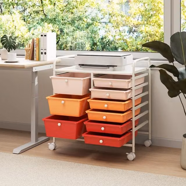 COSTWAY Rolling Storage Cart with 9 Drawers in Pink