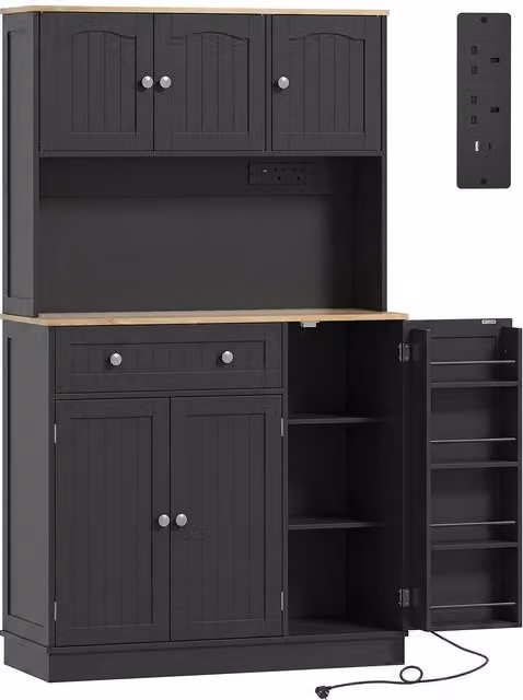 HOMCOM Black Tall Kitchen Cupboard with Charging Station and Adjustable Shelves, Height: 173 cm, Width: 100 cm, Depth: 47.5 cm