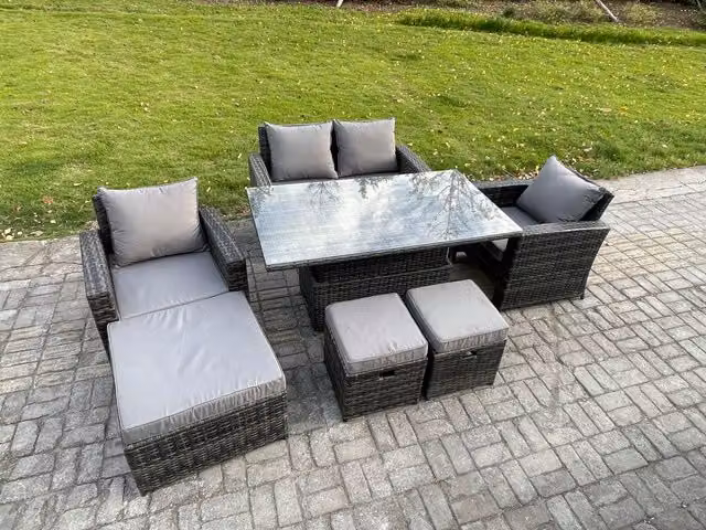 Fimous 7 Seater Rattan Outdoor Garden Dining Set with Height Adjustable Lifting Table in Dark Grey