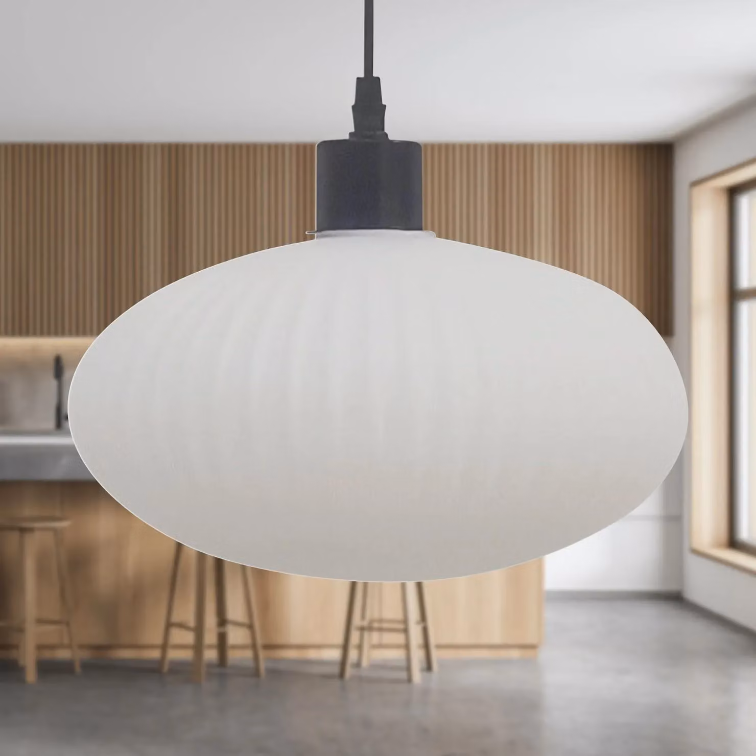 First Choice Lighting Baton LED Pendant Light with White Ribbed Oval Glass and Black Fitting – 2