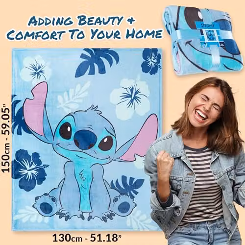 Disney Stitch Blue Fluffy Fleece Blanket, W: 150 cm, D: 130 cm – 3