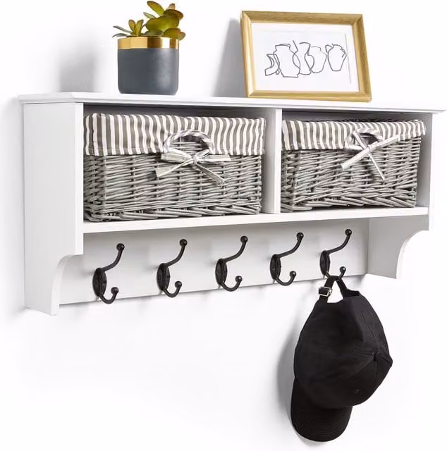 VonHaus Amory White Wall Mounted Hallway Coat Hooks with Rattan Storage Baskets