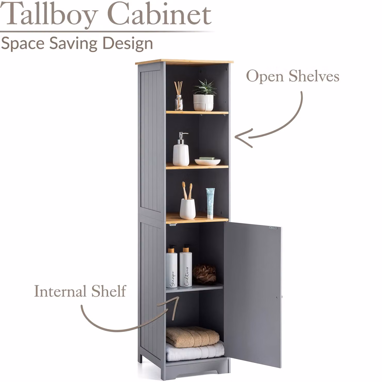 Christow Grey Bamboo Freestanding Bathroom Tallboy Storage Unit with Hinged Doors and Internal Shelves, H 160 x W 38 x D 40 cm – 2