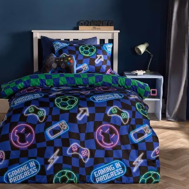 OHS Kids Neon Checkerboard Bedding Set in Blue, including Duvet Cover and Pillowcase, Size: Single (90 x 200 cm)