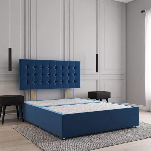 Regional Furnishings Plush Velvet Small Double Divan Bed Base with 24 inch Headboard in Blue, W/D/H: 120 x 200 cm