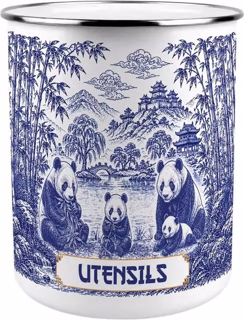 Purely Home Forest Pandas Ceramic Kitchen Utensil Holder in Blue