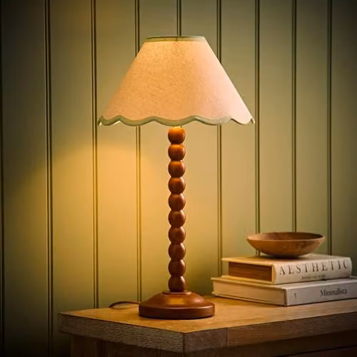 ValueLights Bobbin Walnut Table Lamp with Green Trim Linen Shade – 2