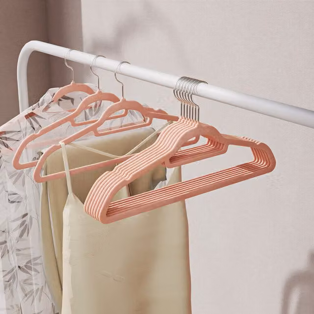 SONGMICS Non-Slip Velvet Hangers with Tie Bar and 360 Degree Swivel Hooks, Pink