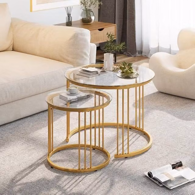 Huhote Elegant Round Nesting Coffee Tables Set of 2 with Gold Metal Frame and Glass Tops – 1