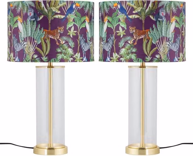 First Choice Lighting Aura Set of 2 Table Lamps in Gold and Satin Brass with Fabric Shades